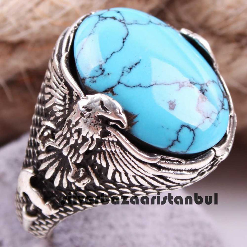 Eagle Style 925 Sterling Silver Turquoise Stone Freedom Mens Ring silverbazaaristanbul 