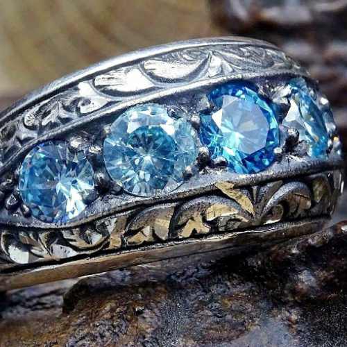 Elegant Multi Aquamarine Stone 925 Sterling Silver Mens Ring silverbazaaristanbul 