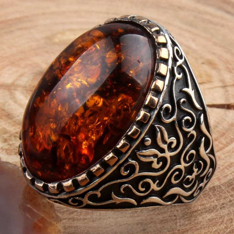 Elegant Orange Amber Stone 925 Sterling Silver Mens Ring silverbazaaristanbul 