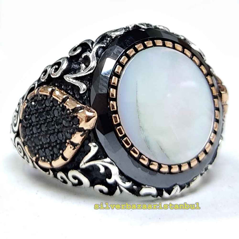 Elite Pearl Stone 925 Sterling Silver Heavy Mens Ring silverbazaaristanbul 