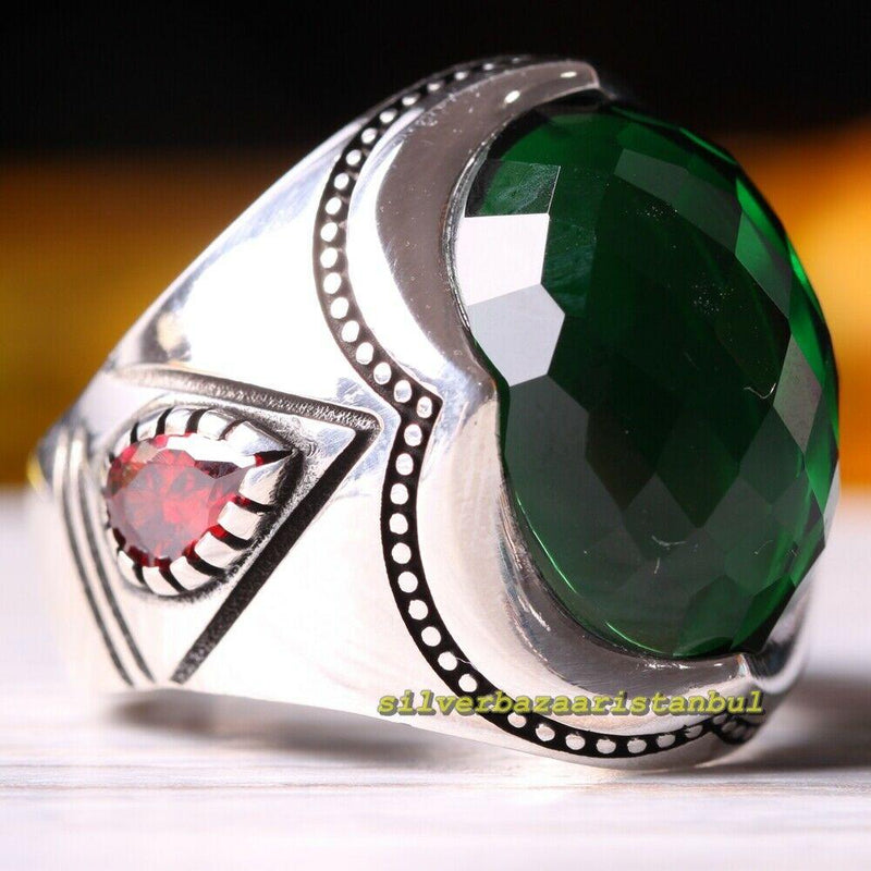 Emerald and Ruby Stone Turkish 925 Sterling Silver Mens Ring silverbazaaristanbul 