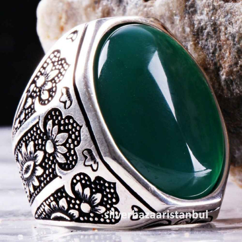Emerald Stone Jewelry Handmade 925 Sterling Silver Men Ring silverbazaaristanbul 