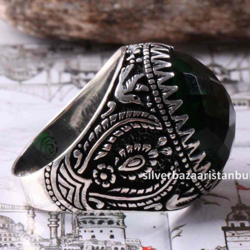 Emerald Stone Jewelry Handmade 925 Sterling Silver Men Ring silverbazaaristanbul 
