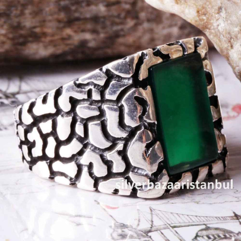 Emerald Stone Jewelry Handmade 925 Sterling Silver Men Ring silverbazaaristanbul 
