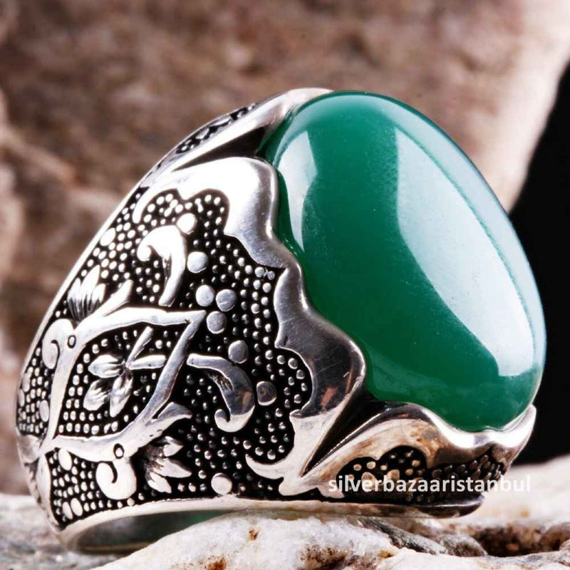 Emerald Stone Jewelry Handmade 925 Sterling Silver Men Ring silverbazaaristanbul 