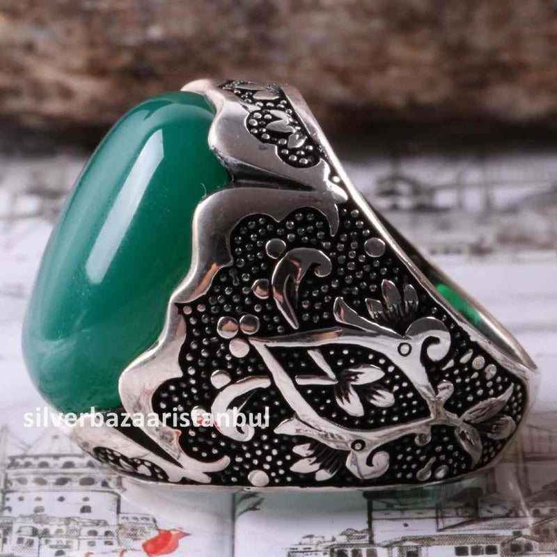 Emerald Stone Jewelry Handmade 925 Sterling Silver Men Ring silverbazaaristanbul 