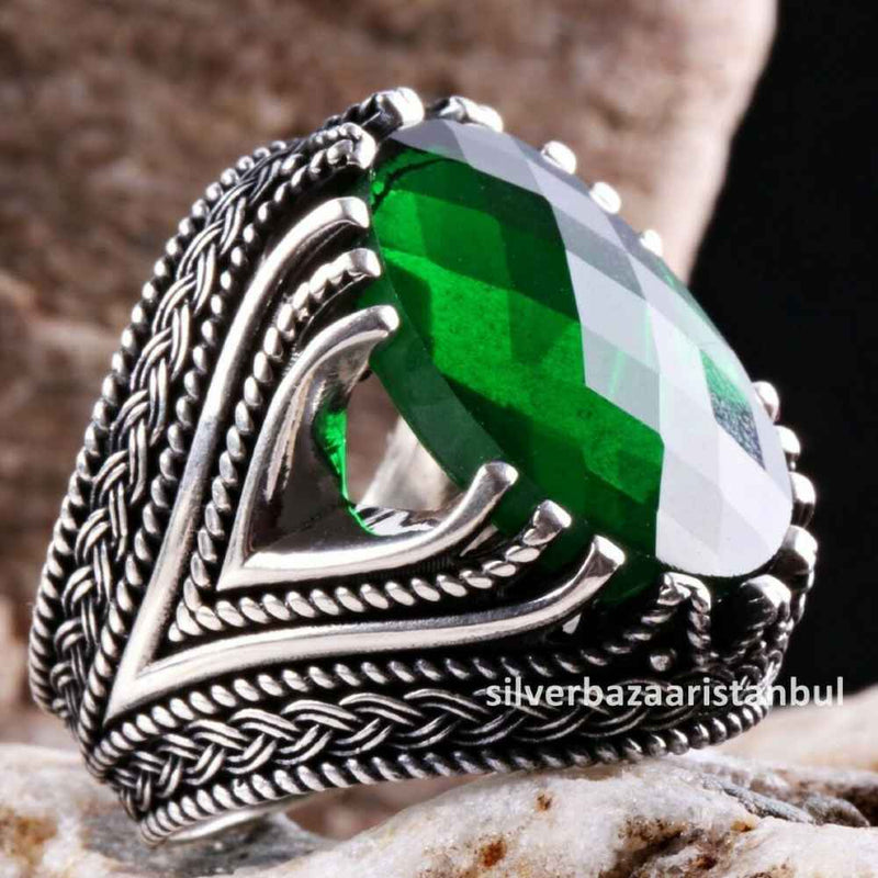 Emerald Stone Jewelry Handmade 925 Sterling Silver Men Ring silverbazaaristanbul 