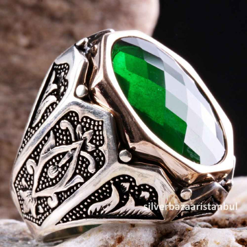 Emerald Stone Jewelry Handmade 925 Sterling Silver Men Ring silverbazaaristanbul 