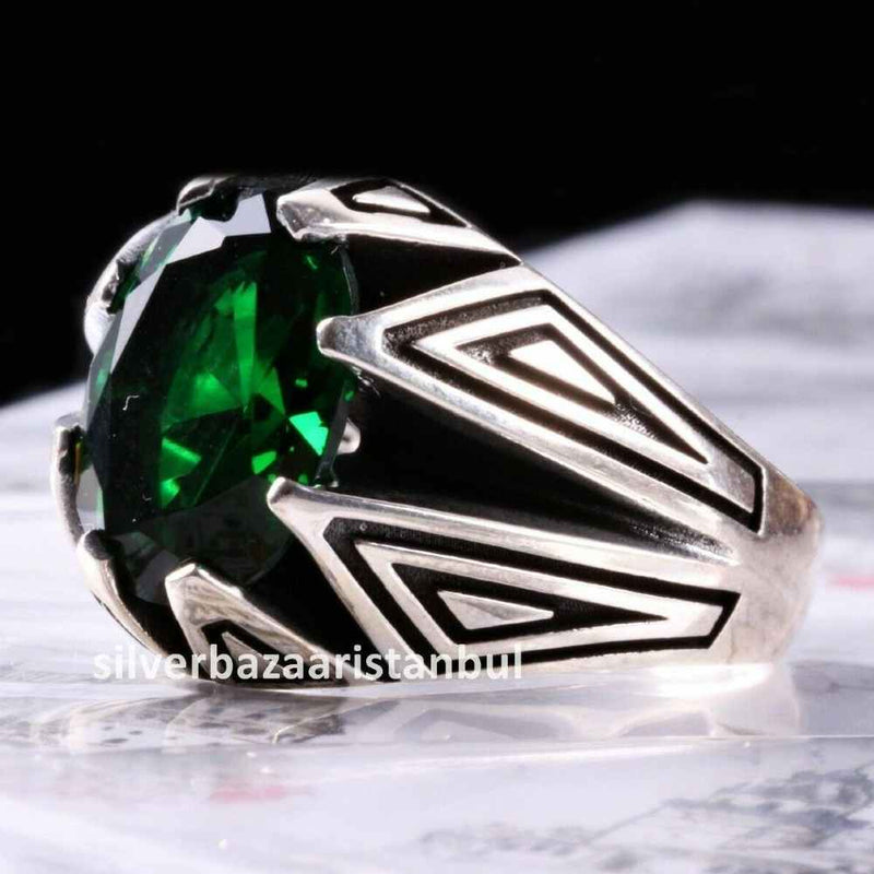 Emerald Stone Jewelry Handmade 925 Sterling Silver Men Ring silverbazaaristanbul 