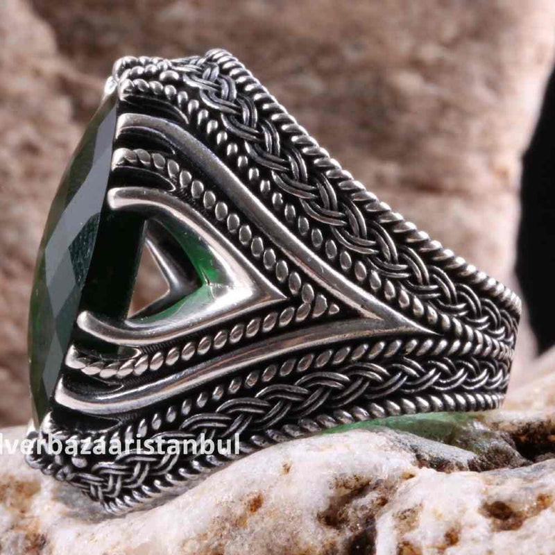 Emerald Stone Jewelry Handmade 925 Sterling Silver Men Ring silverbazaaristanbul 