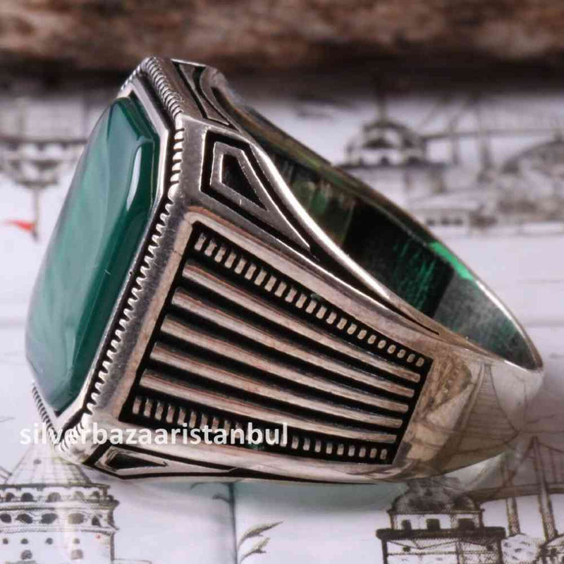 Emerald Stone Jewelry Handmade 925 Sterling Silver Men Ring silverbazaaristanbul 