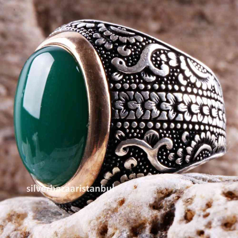 Emerald Stone Jewelry Handmade 925 Sterling Silver Men silverbazaaristanbul 