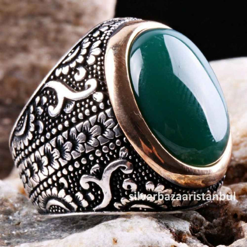 Emerald Stone Jewelry Handmade 925 Sterling Silver Men silverbazaaristanbul 