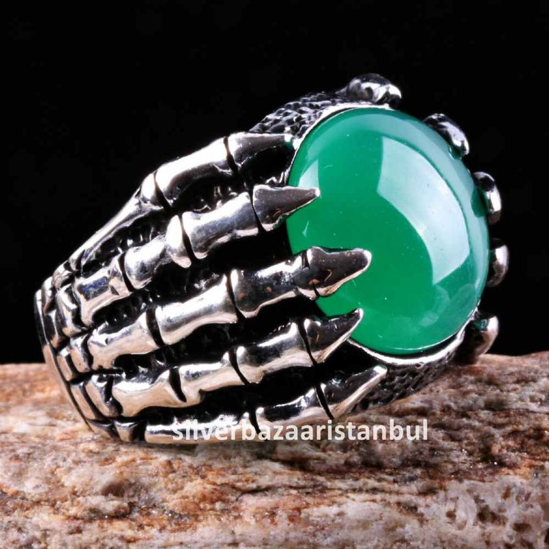Emerald Stone Jewelry Handmade Claw925 Sterling Silver Men Ring silverbazaaristanbul 