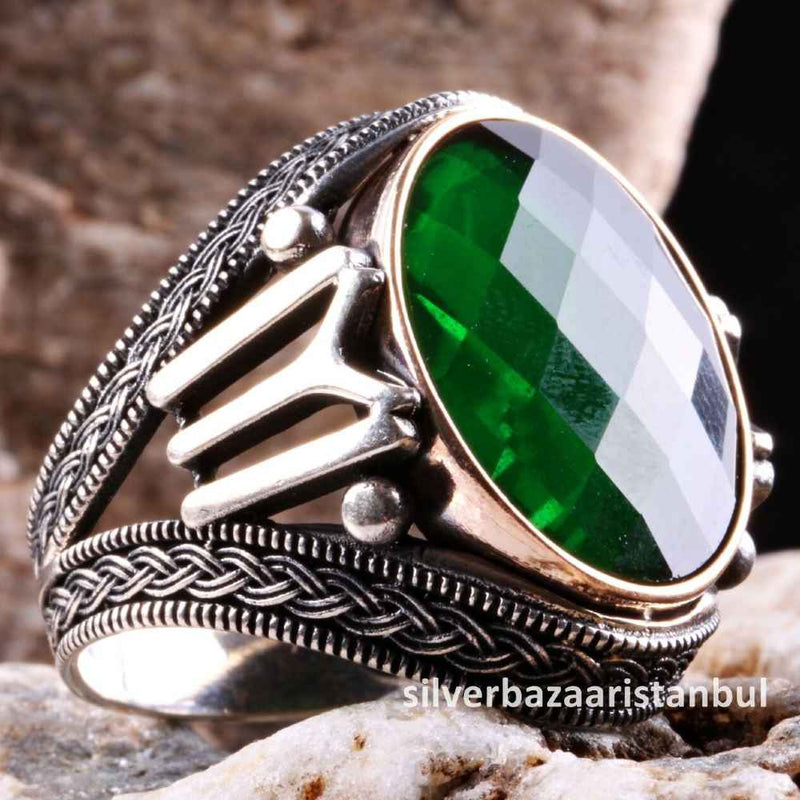 Emerald Stone Jewelry IYI Handmade 925 Sterling Silver Men Ring silverbazaaristanbul 