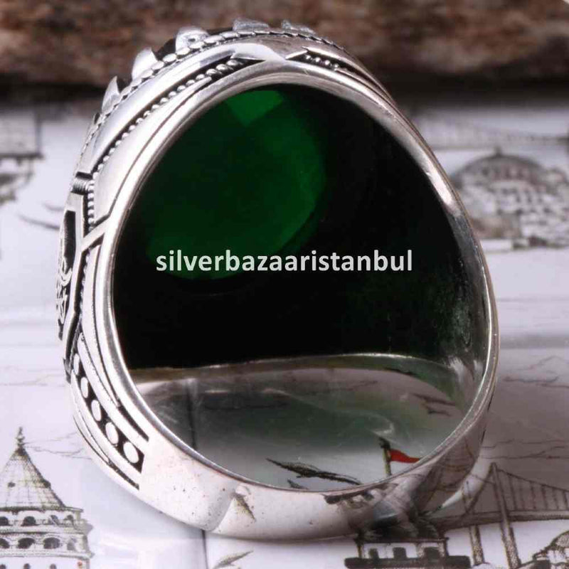Emerald Stone Ottoman Tughra 925 Sterling Silver Men Ring silverbazaaristanbul 