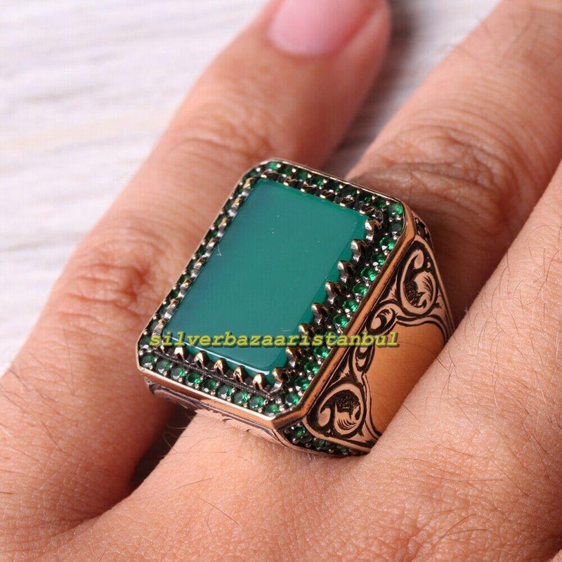 Emerald Stone Turkish Handmade 925 Sterling Silver Ottoman Mens Ring silverbazaaristanbul 