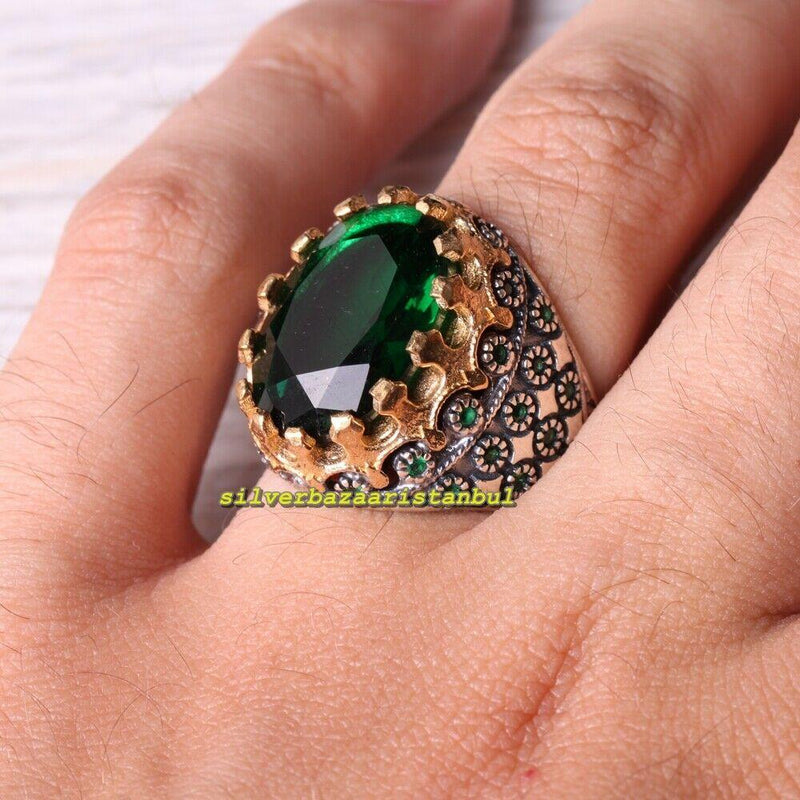 Emerald Stone Turkish Handmade 925 Sterling Silver Unique Mens Ring silverbazaaristanbul 