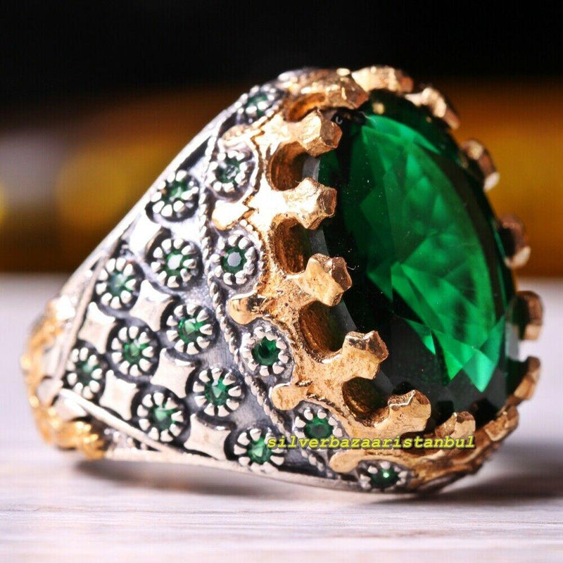 Emerald Stone Turkish Handmade 925 Sterling Silver Unique Mens