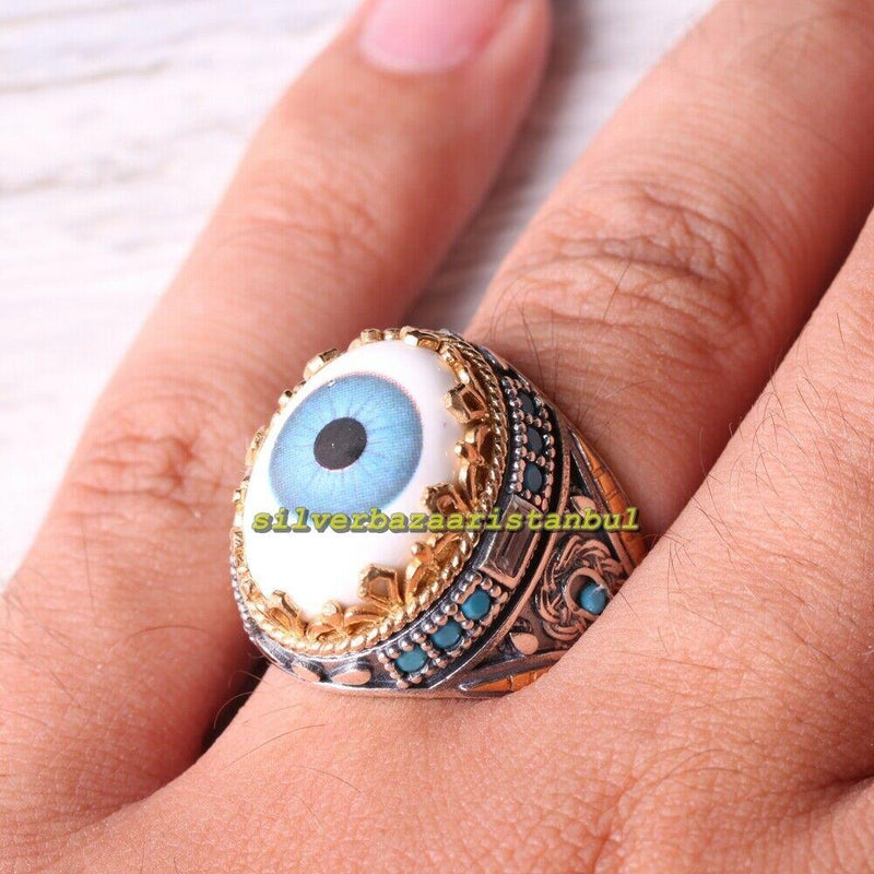 Evil Eye Design Turquoise Stone Luxury 925 Sterling Silver Mens Ring silverbazaaristanbul 