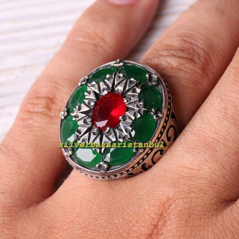 Excellent 925 Sterling Silver Emerald and Ruby Stone Mens Ring silverbazaaristanbul 