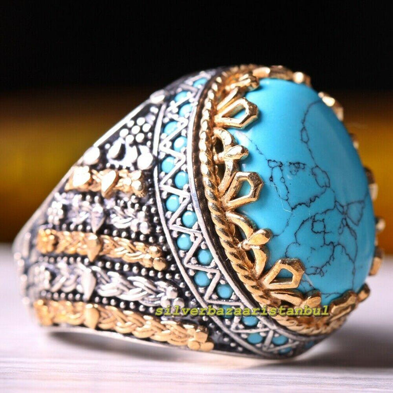 Excellent 925 Sterling Silver Spiral Turquoise Stone Mens Ring silverbazaaristanbul 