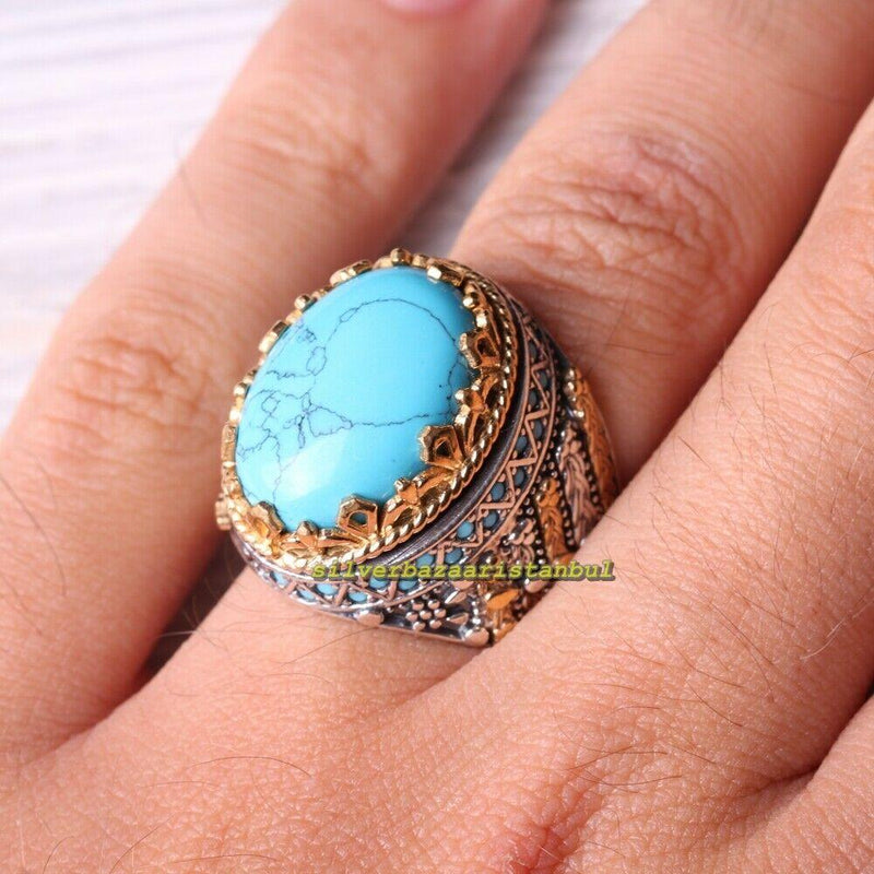 Excellent 925 Sterling Silver Spiral Turquoise Stone Mens Ring