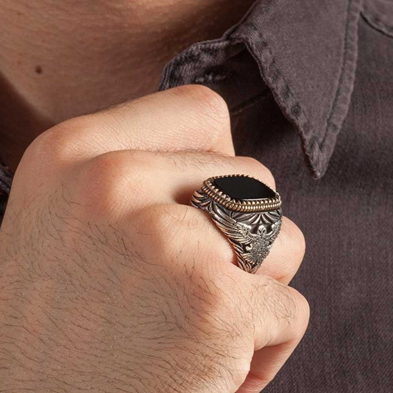 Men's Solid 925 Sterling Silver Eagle Ring With Black Zircon Stone - Bold Statement Jewelry