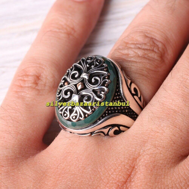 Exclusive Green Emerald Stone 925 Sterling Silver Mens Ring silverbazaaristanbul 