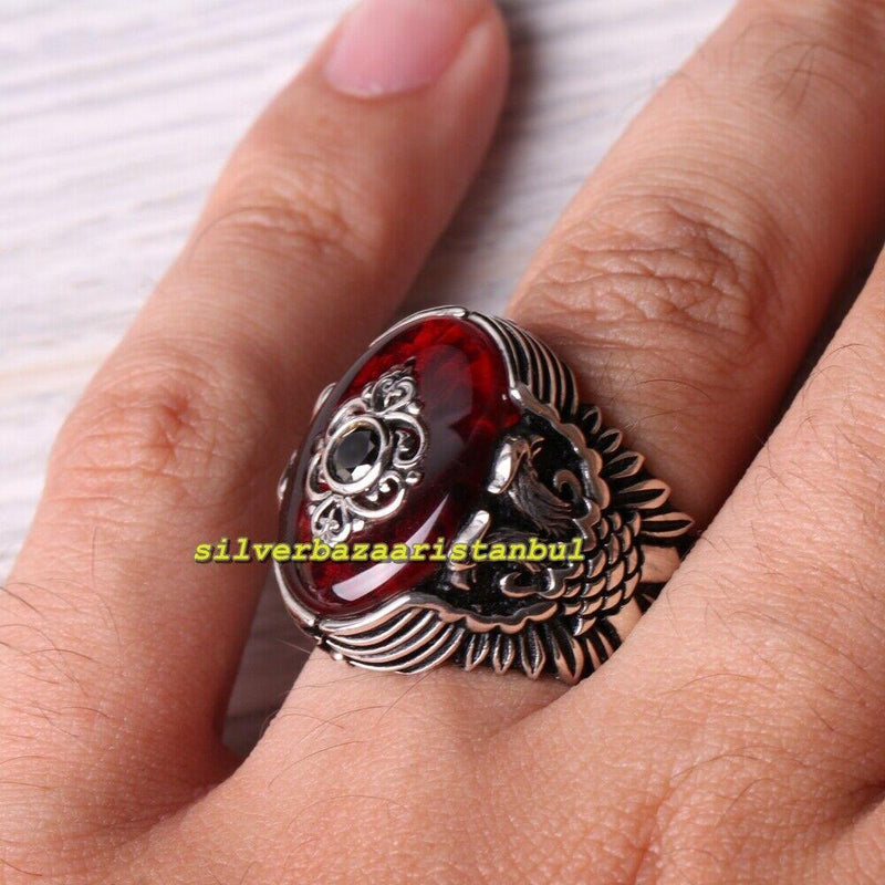 Exclusive Red Ruby Stone Eagle Design 925 Sterling Silver Mens Ring silverbazaaristanbul 