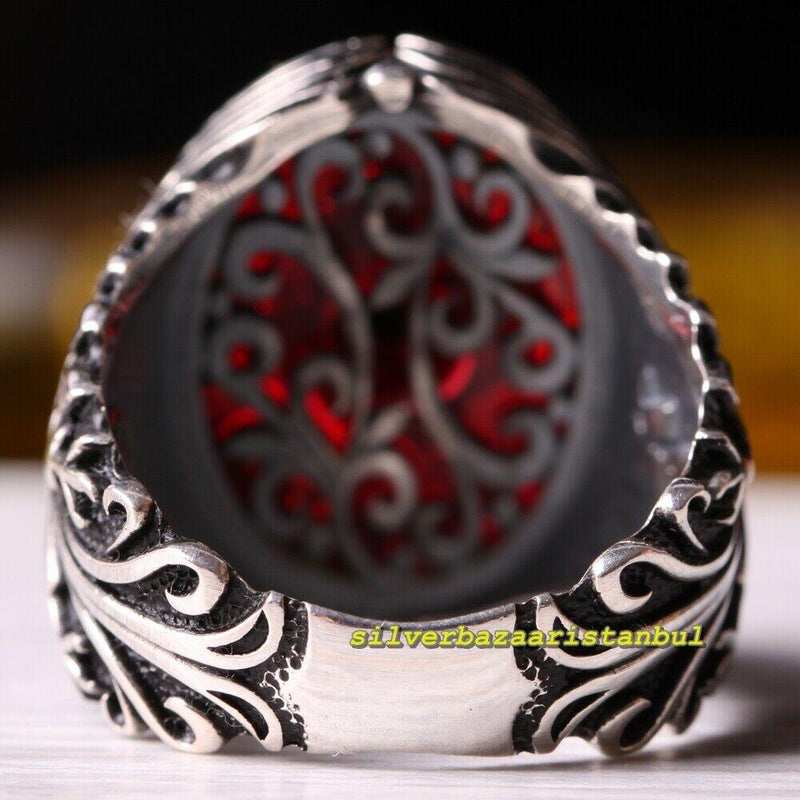 Exclusive Red Ruby Stone Eagle Design 925 Sterling Silver Mens Ring silverbazaaristanbul 