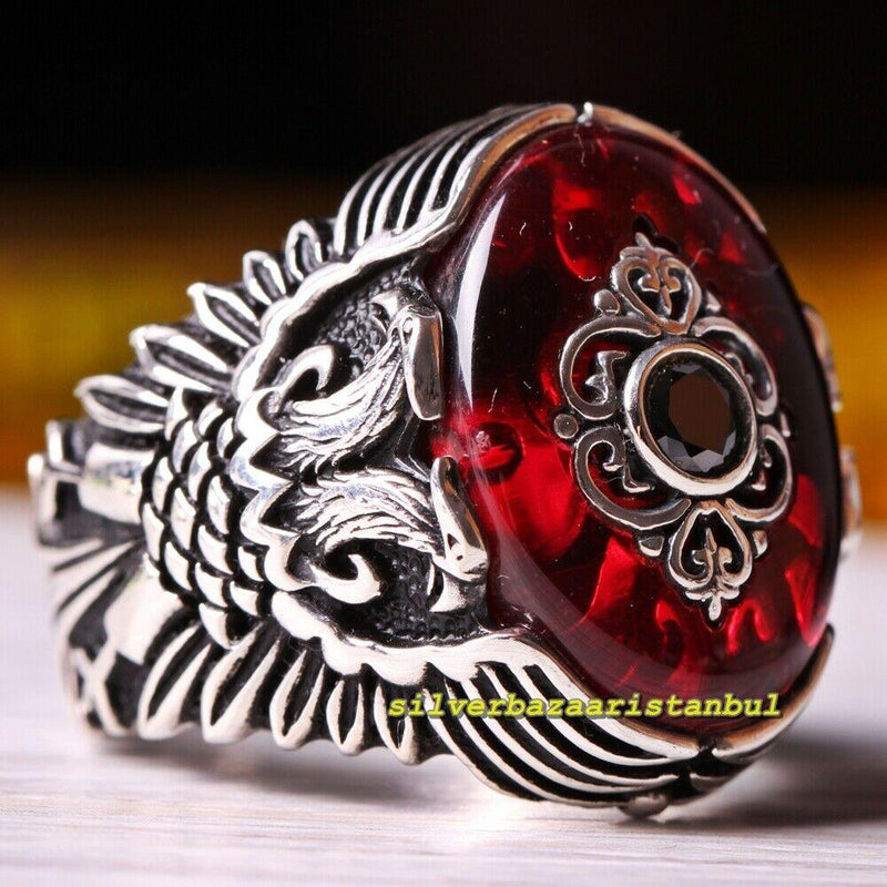Exclusive Red Ruby Stone Eagle Design 925 Sterling Silver Mens Ring silverbazaaristanbul 