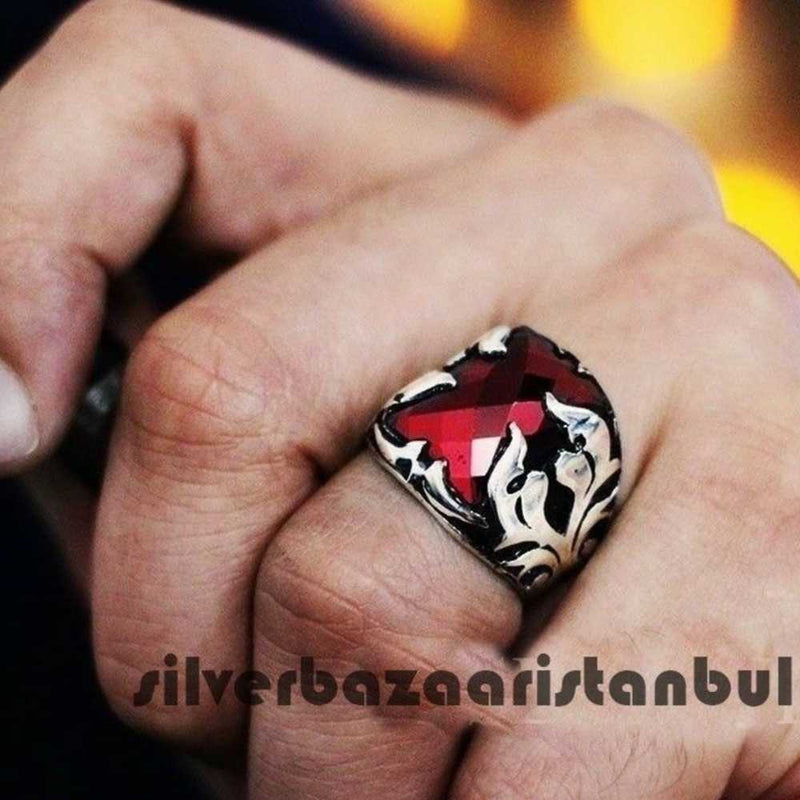 Facet Claw Style 925 Sterling Silver Ruby Stone Mens Ring silverbazaaristanbul 