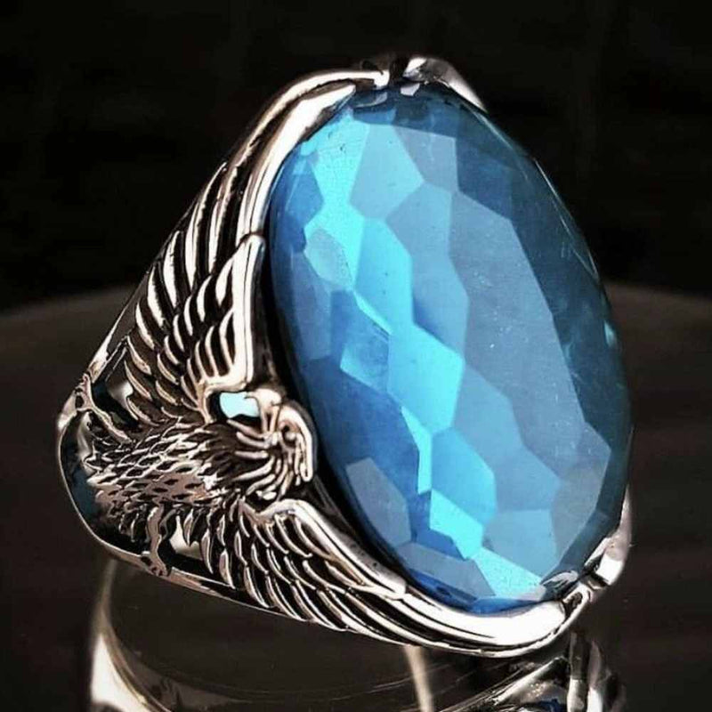Faceted Aquamarine Luxury Cut Eagle Style 925 Sterling Silver Mens Ring silverbazaaristanbul 