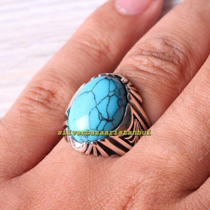 Fantastic Handmade Blue Turquoise 925 Sterling Silver Mens Ring silverbazaaristanbul 