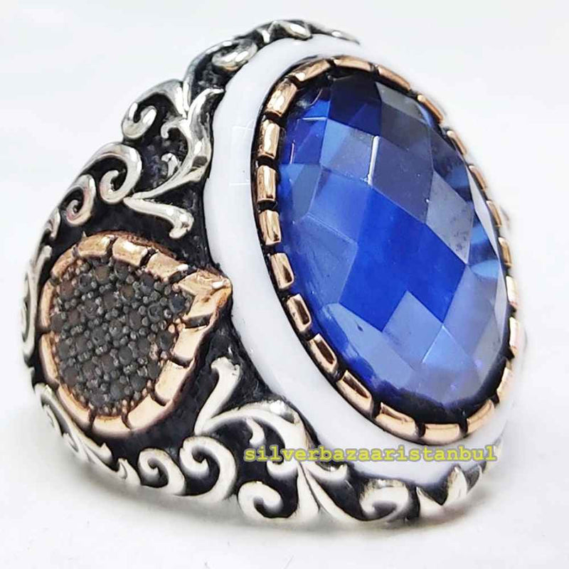 Flashy Elegant Sapphire 925 Sterling Silver Heavy Mens Ring silverbazaaristanbul 