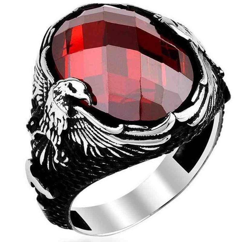 Freedom Eagle 925 Sterling Silver Ruby Mens Ring silverbazaaristanbul 