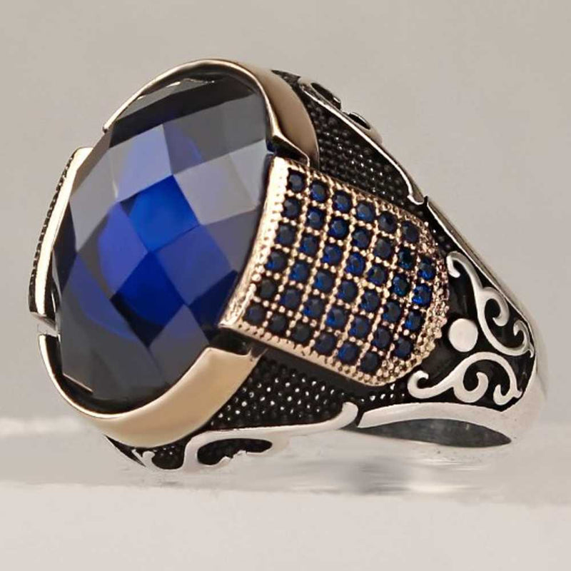 Gorgeous Blue Facet Sapphire Stone 925 Sterling Silver Mens Ring silverbazaaristanbul 