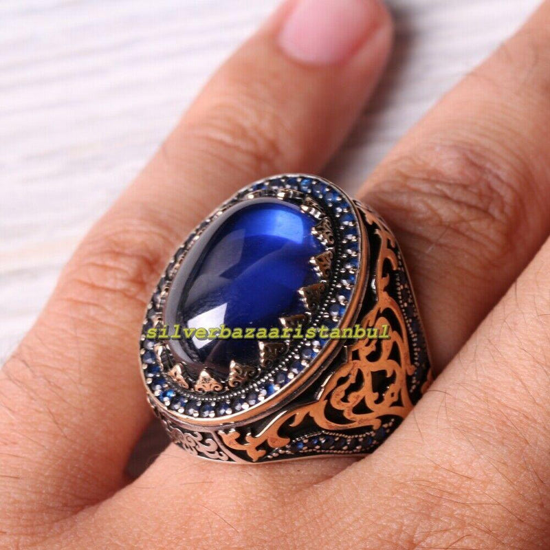 Gorgeous Blue Sapphire Stone Heavy 925 Sterling Silver Mens Ring silverbazaaristanbul 