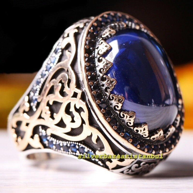 Gorgeous Blue Sapphire Stone Heavy 925 Sterling Silver Mens Ring silverbazaaristanbul 