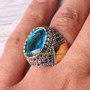 Great Aquamarine and Sapphire Stone 925 Sterling Silver Mens Ring silverbazaaristanbul 