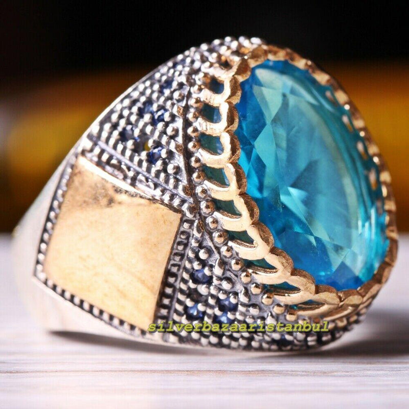 Great Aquamarine and Sapphire Stone 925 Sterling Silver Mens Ring silverbazaaristanbul 