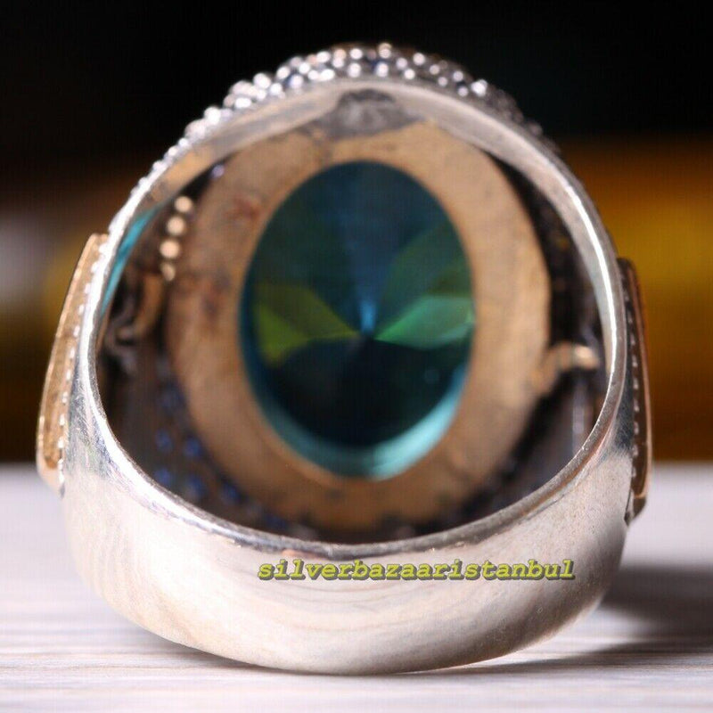 Great Aquamarine and Sapphire Stone 925 Sterling Silver Mens Ring silverbazaaristanbul 