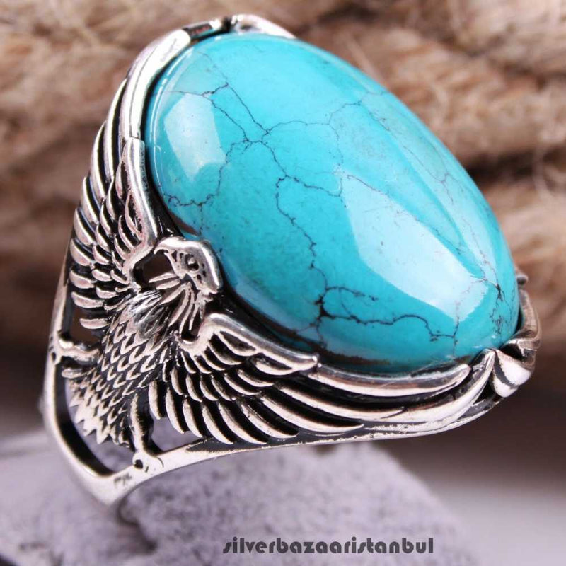 Great Eagle Style 925 Sterling Turquoise Stone Mens Ring silverbazaaristanbul 