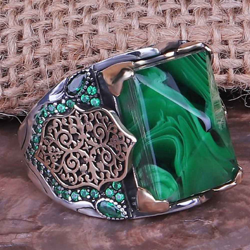 Green 925 Sterling Silver Amber Stone Ring for Men silverbazaaristanbul 