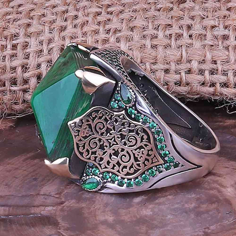Green 925 Sterling Silver Amber Stone Ring for Men silverbazaaristanbul 