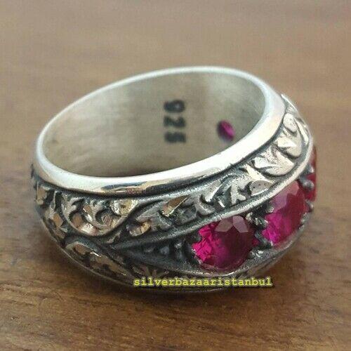 Hand Engraved 925 Sterling Silver Authentic Ruby Stone Mens Ring silverbazaaristanbul 