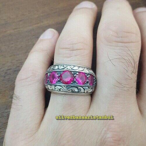 Hand Engraved 925 Sterling Silver Authentic Ruby Stone Mens Ring silverbazaaristanbul 