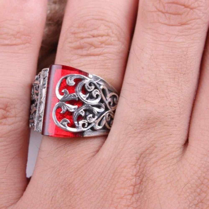 Hand Engraved 925 Sterling Silver Ruby Stone Elegant Mens Ring silverbazaaristanbul 