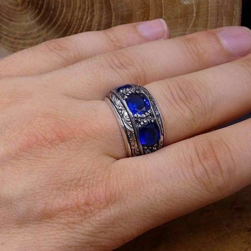 Hand Engraved Best Sapphire 925 Sterling Awesome Mens Ring silverbazaaristanbul 